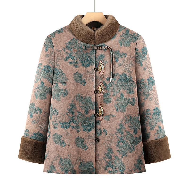 Warm Fleece-Lined Cotton Jacket for 70-Year-Old Women Grandma Tang Style