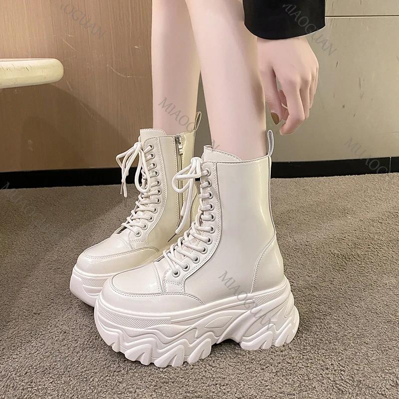 Fashion Spring Autumn Goth Platform Ankle Boots Leather 8CM High Heels Motorcycle Shoes Women Chunky Punk Sneakers Chelsea Short Botas