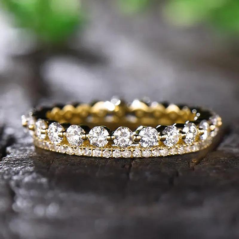 Huitan Sparkling Gold Color Shiny CZ Finger Ring Lady Versatile Daily  for Engagement Bridal Wedding Band Accessories