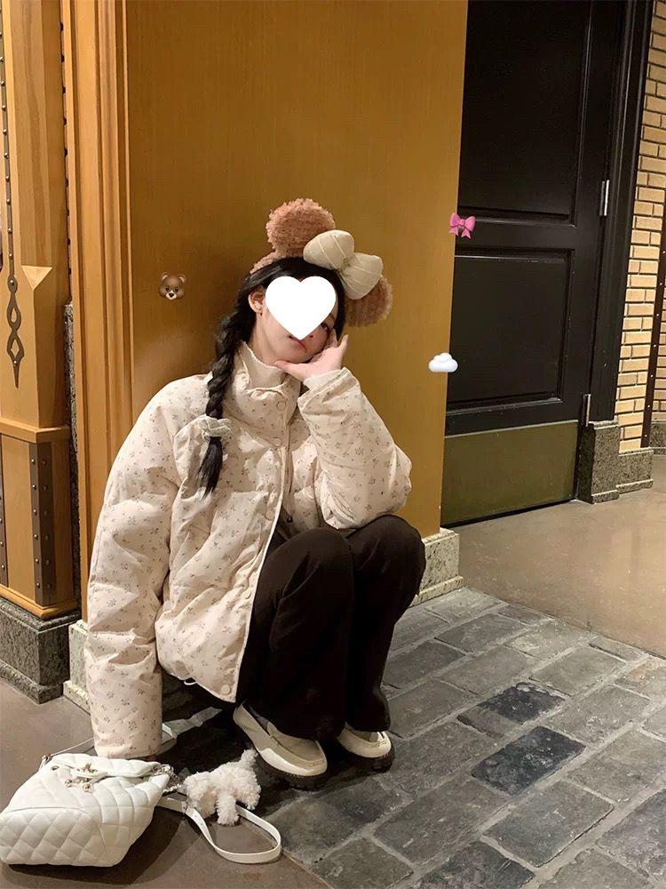 2024 Petite Women's Floral Stand Collar Short Winter Down Jacket