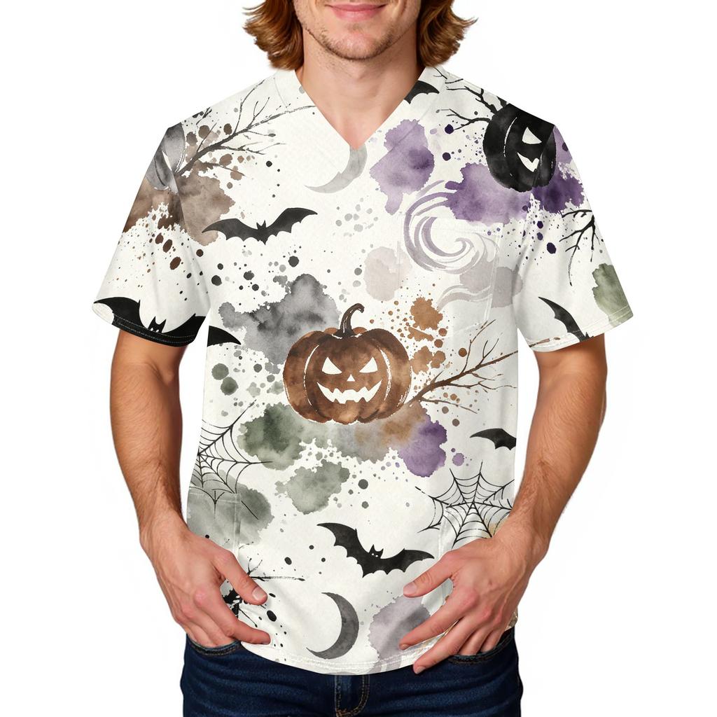 Herren Halloween Print Medizinische Kasack-Oberteil V-Ausschnitt mit Bindeband Taschen Bequeme Passform Tägliche Arbeitskleidung für medizinisches Fachpersonal