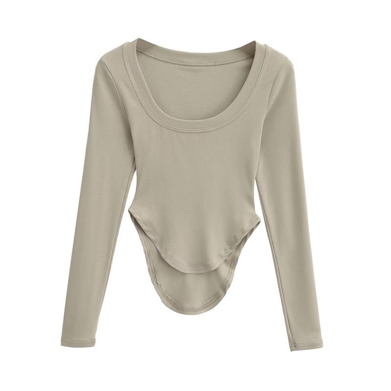 Spring 2026 Women s Slimming Long Sleeve Round Neck T-Shirt Large серый/зелёный