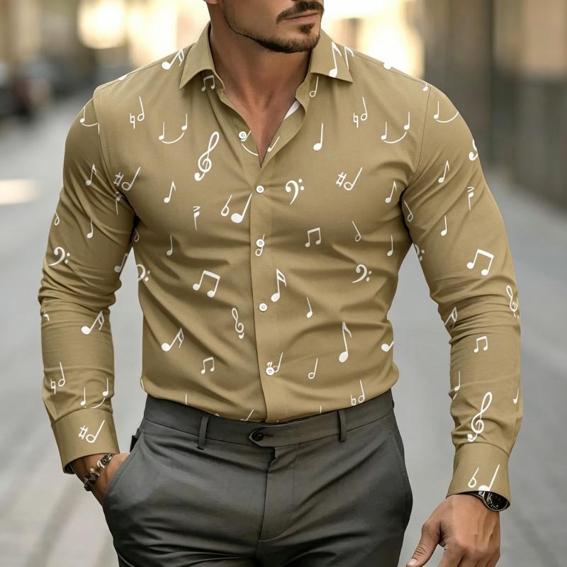 Men's Music Note Print Long Sleeve Shirt Fashion Slim Fit Button Down Casual Blouse Tops