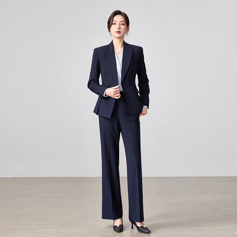 Teluoman Women's Dark Blue Blazer & Wide-Leg Pants Suit Set
