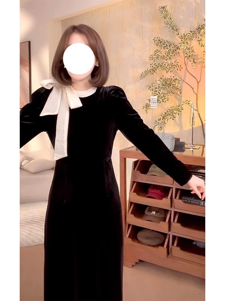 French Retro Velvet Dress Women's Winter Age Reduction Feeling Waist and Thin Temperament Long Dress Black Skirt
