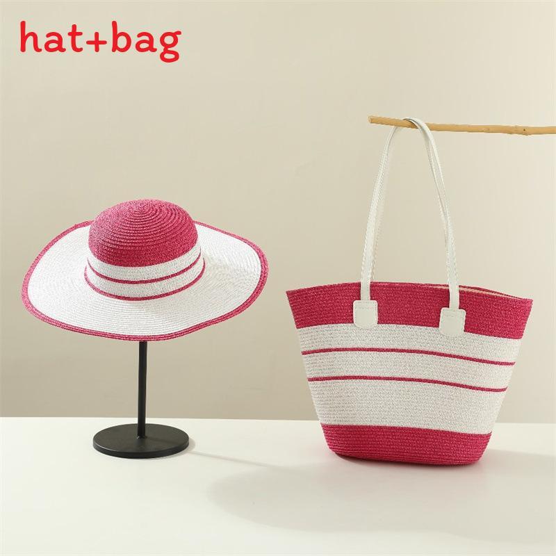Woven Sun Hat And Large Capacity Straw Tote With Striped Pattern For Travel And Casual Wear