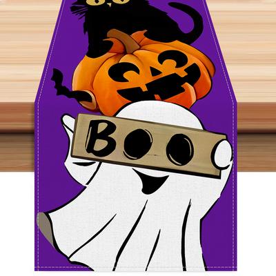 1pc Purple Halloween Table Runner with Pumpkin Ghost Pattern Dustproof Durable Tablecloth for Halloween Themed Party Decoration