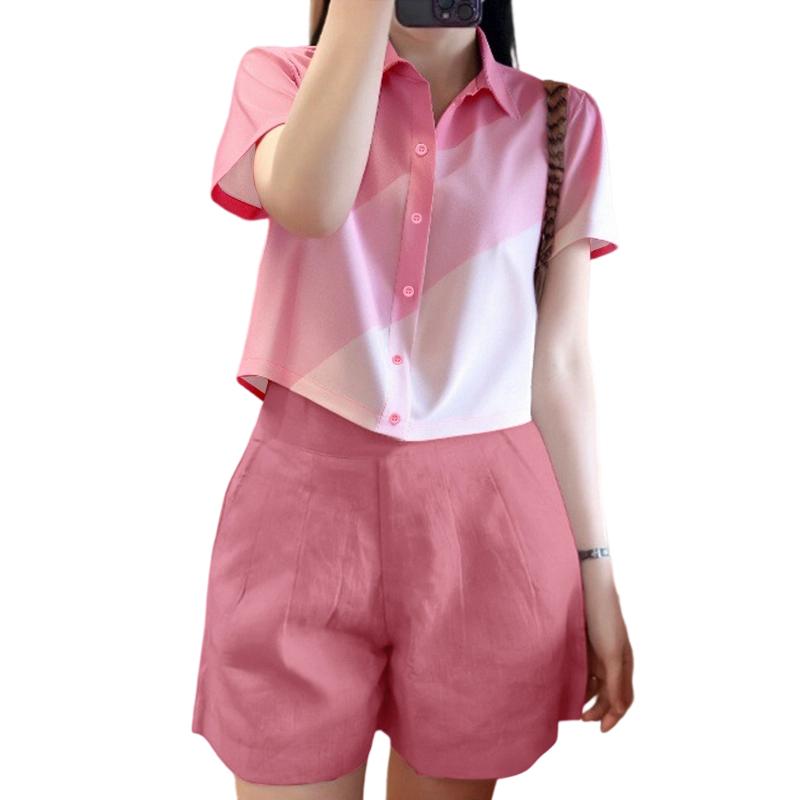 

ZANZEA Женские рубашки с коротким рукавом с принтом и шорты Летние костюмы-двойки 5XL розовый