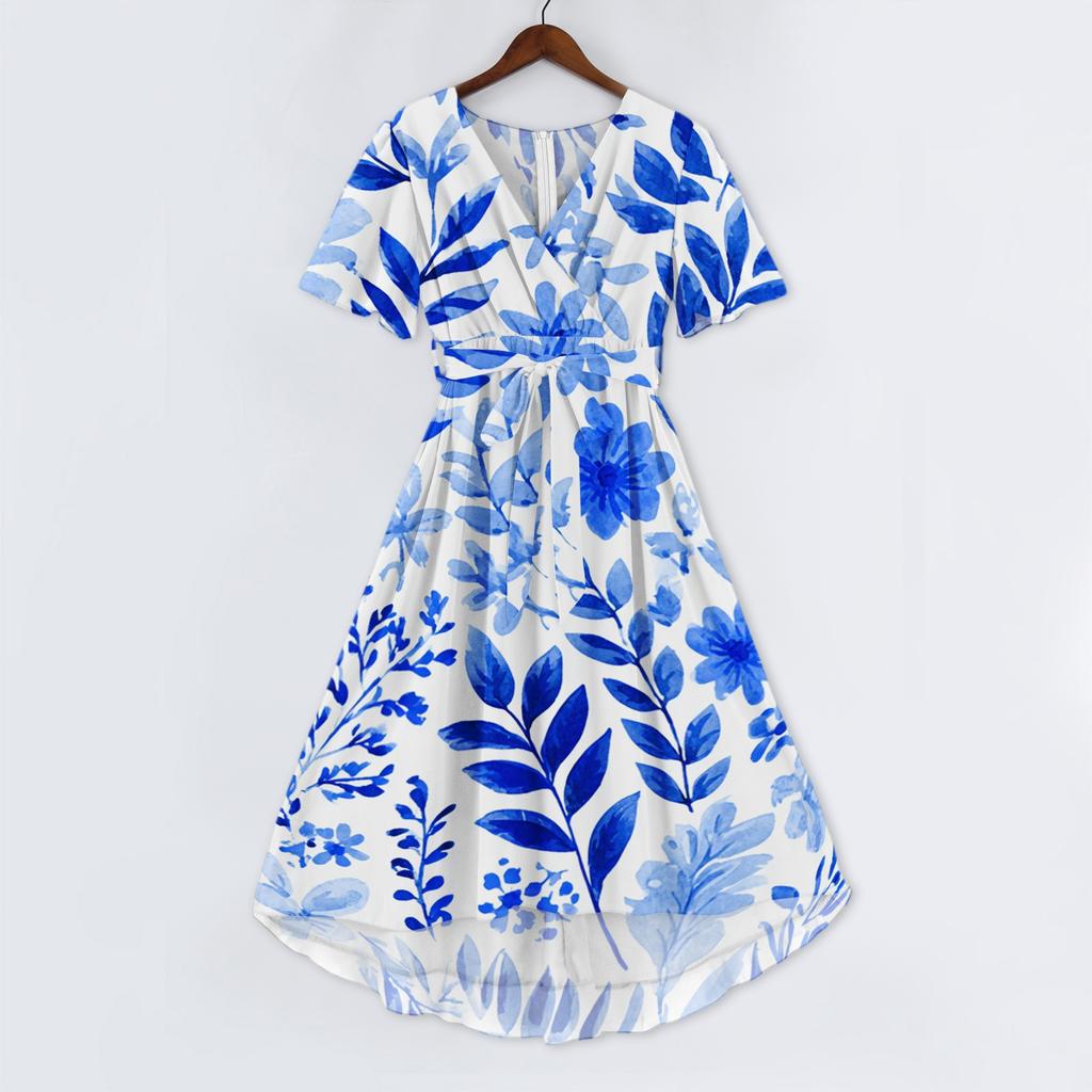 Womens Summer V Neck Short Sleeve A Line Midi Dress Floral Print Flowy Casual Vacation Sundress with Pockets S to 2XL