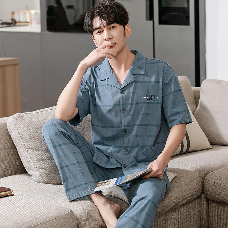 Pajamas Men's Summer Cotton Short Sleeve Trousers Men's Thin Summer Large Size Half Sleeve Men's Summer Loungewear Set