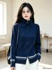 Women's Color Block Stand Collar Zip-Up Knit Cardigan - Autumn/Winter Cable Knit Sweater Coat, Loose Fit Casual Top