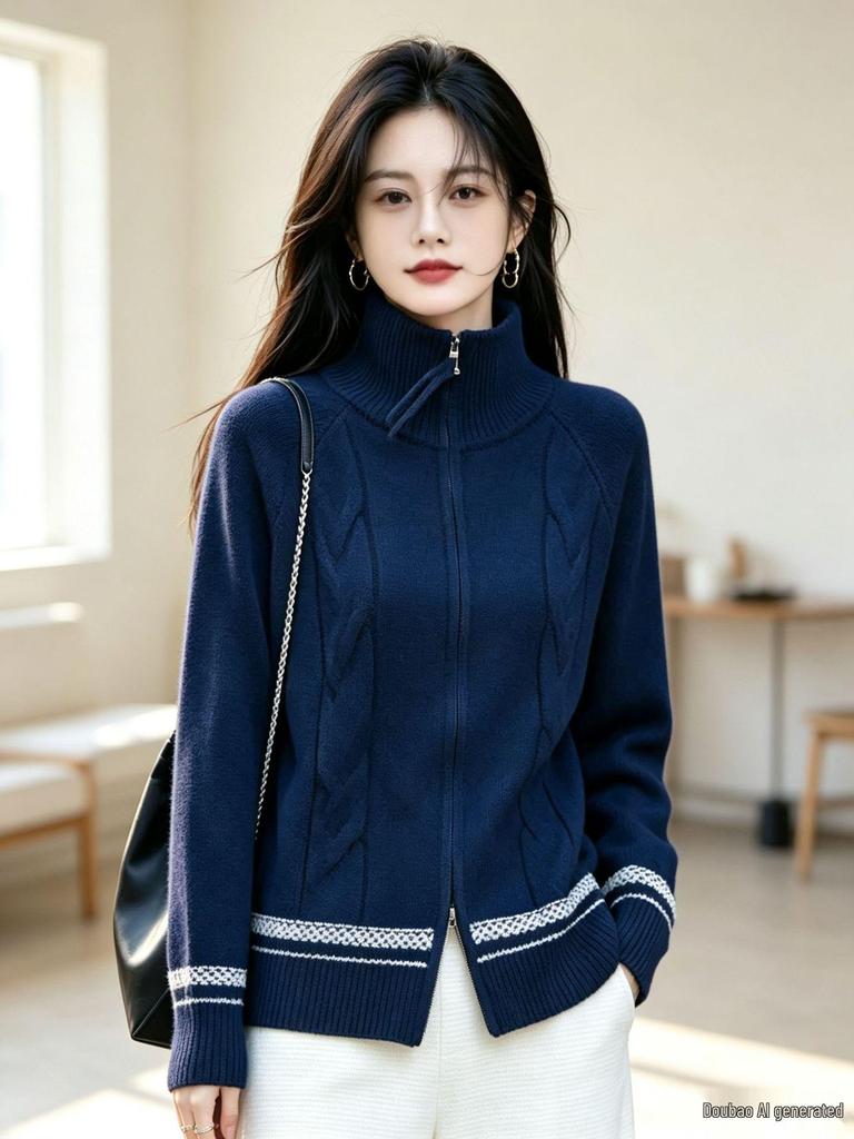 Women's Color Block Stand Collar Zip-Up Knit Cardigan - Autumn/Winter Cable Knit Sweater Coat, Loose Fit Casual Top