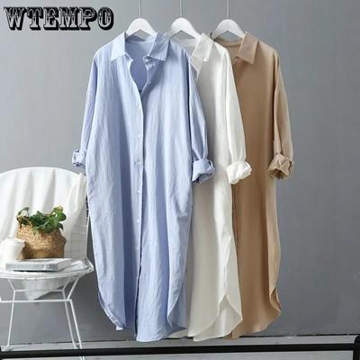 Polo-Neck Solid Casual Cotton Linen Long Sleeve X-Long Shirt Women's Blouse Shirt Korean Fashion Female Clothing Tops Spring