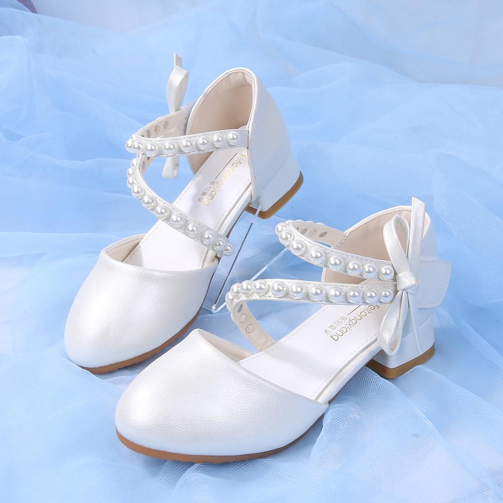 Academy-style sweet bowknot pearl soft-soled princess shoes, fashionable and versatile high-soled girls' leather shoes