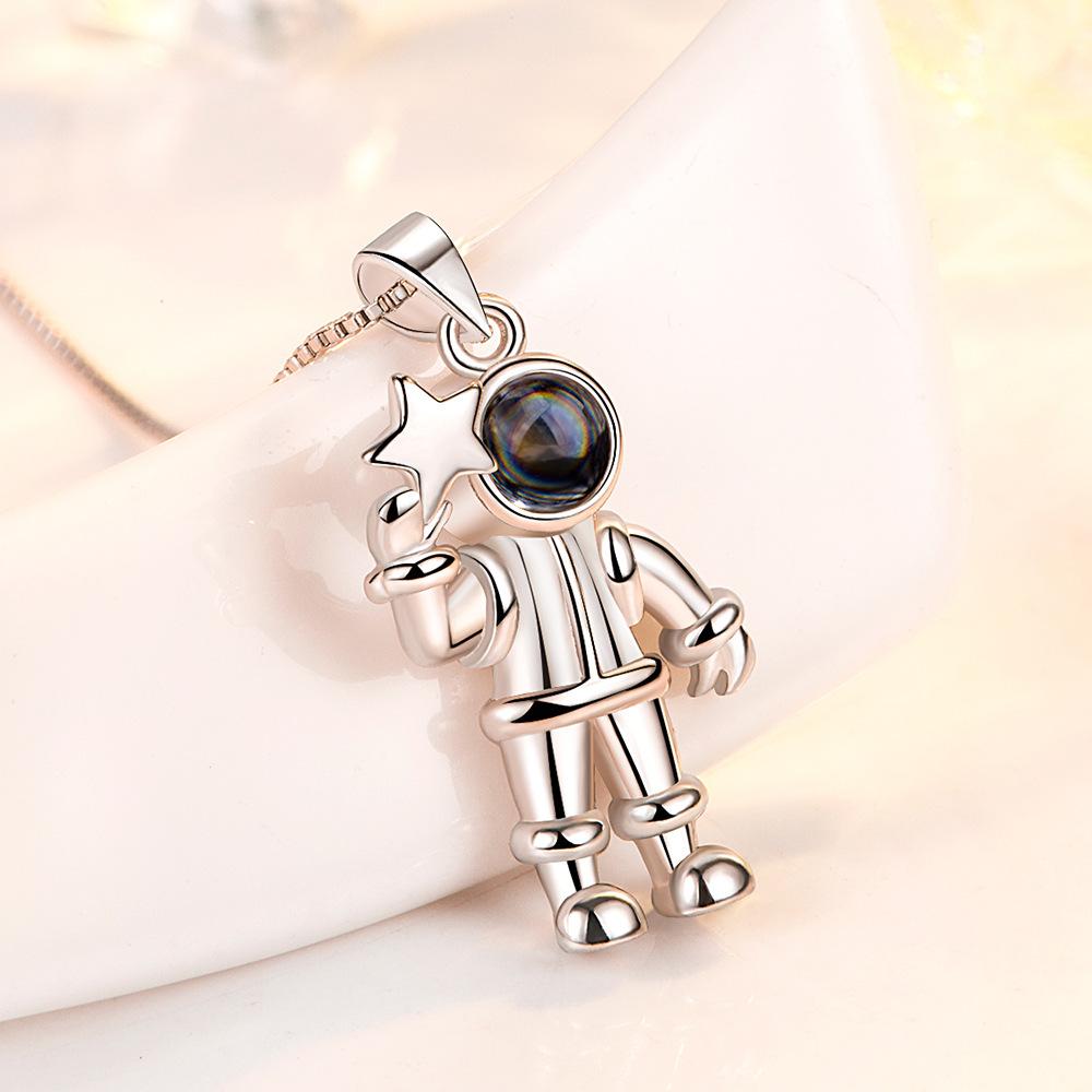 Women's Silver Plated Jewelry 520 I Love You In One Hundred Languages Cosmic Astronaut Projection Stone Necklace Pendant