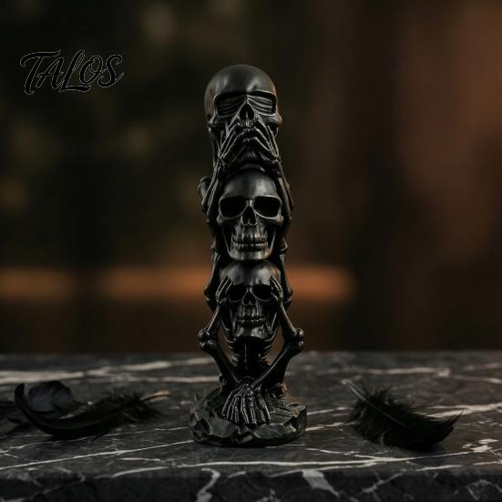 Personalized Gift for Skull Lovers Triple Stacked Skulls Figurine, Spooky See Hear Speak No Evil Skeleton Head Small Desk Ornament Men Statue,