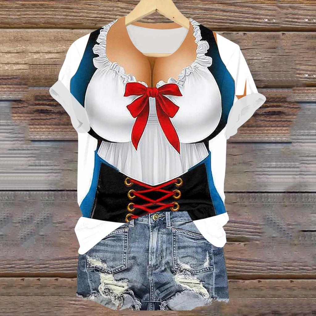 Women's Casual Pullover T Shirt Short Sleeve Round Neck Tee Top Oktoberfest Print Graphic Shirt