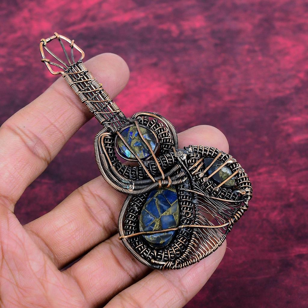 Copper Sodalite Gemstone Pendant Guitar Pendant Copper Wire Wrapped Jewelry