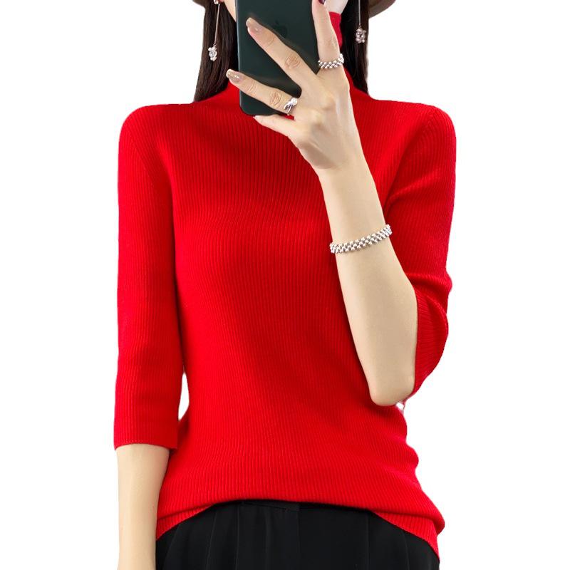 Women's Slim-Fit Seven-Sleeve Wool Sweater - High-Neck Versatile Knit for Autumn/Winter