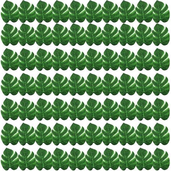 Yolev 70pcs Fake Palm Leaves 6 Inch Artificial Tropical Monstera Leaves Decor Mini Green Palm Leaf for Hawaiian Palms Sunday Safari Jungle Theme Luau