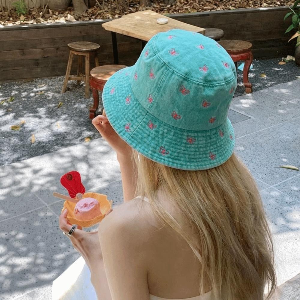 Windproof Butterfly Embroidered Cowboy Hat Retro Big Brim Sun Hat Fisherman's Hat  Autumn