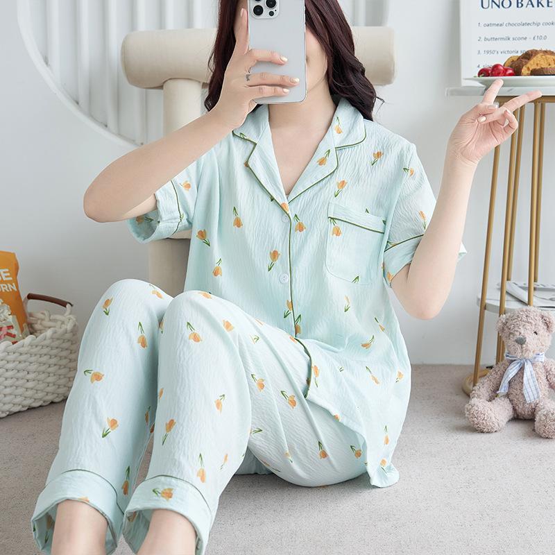 1011 new pajamas women's summer cloud cotton short-sleeved trousers two-piece set Japanese large-size printed loungewear autumn