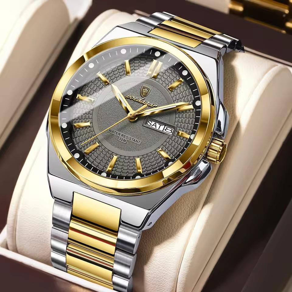POEDAGAR 896 Stainless Steel Strap Fashion Gold Dial Diver Watch Men Waterproof Date Quartz Clock Sport Luminous Watches Relogio