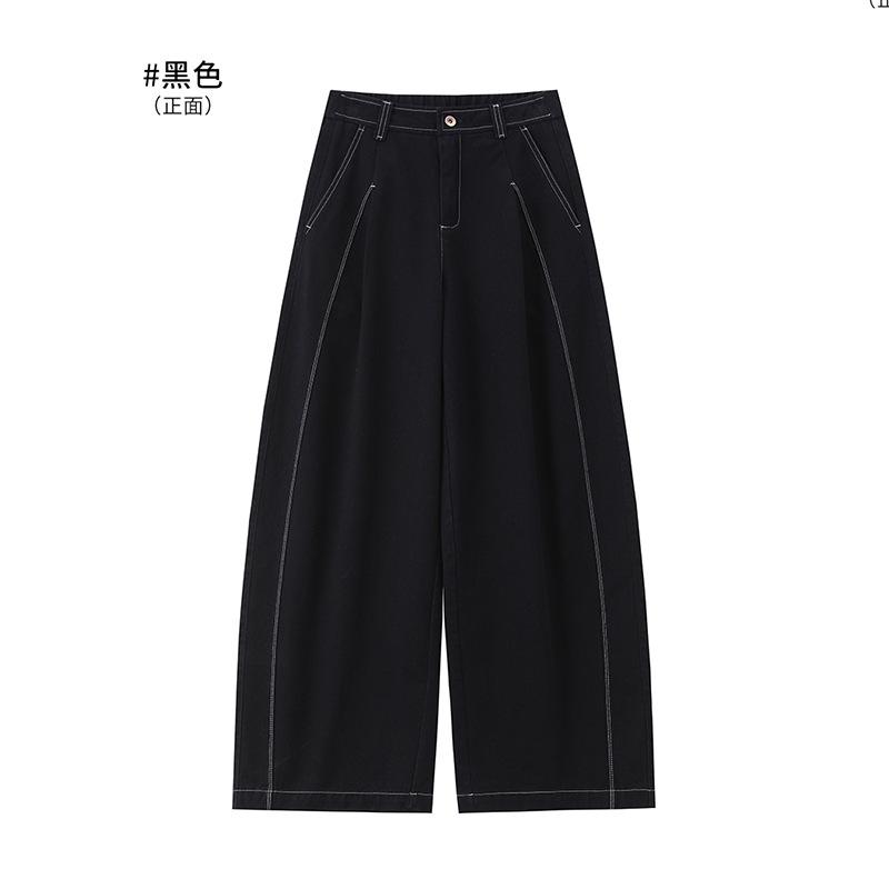 Women's Washed Cotton Pleated Curved Wide Leg Pants Casual Loose Fit Trousers