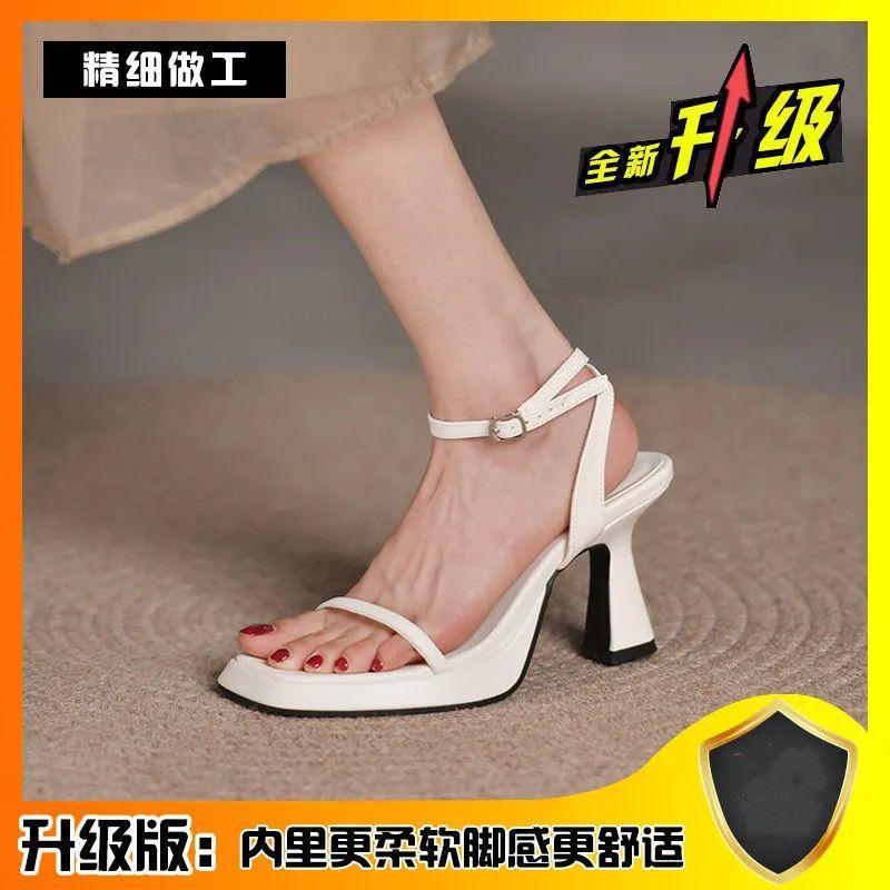 Spring and summer one-word buckle high heels design sense niche pink sexy waterproof table square head sandals women
