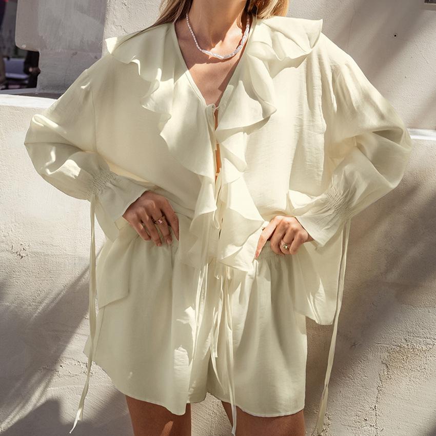 Women's Spring and Summer Design Ruffle Fashion Casual Tie Cardigan Top Shorts Suit