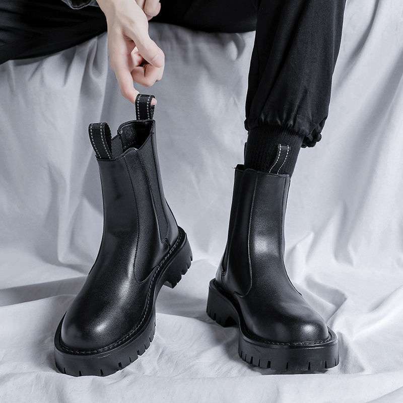 Chelsea Boots Herren Sommer Mid Boots Herren Schwarz High-Top Schuhe Britische Baumwollschuhe Aufgeraut Verdickt Martin Boots