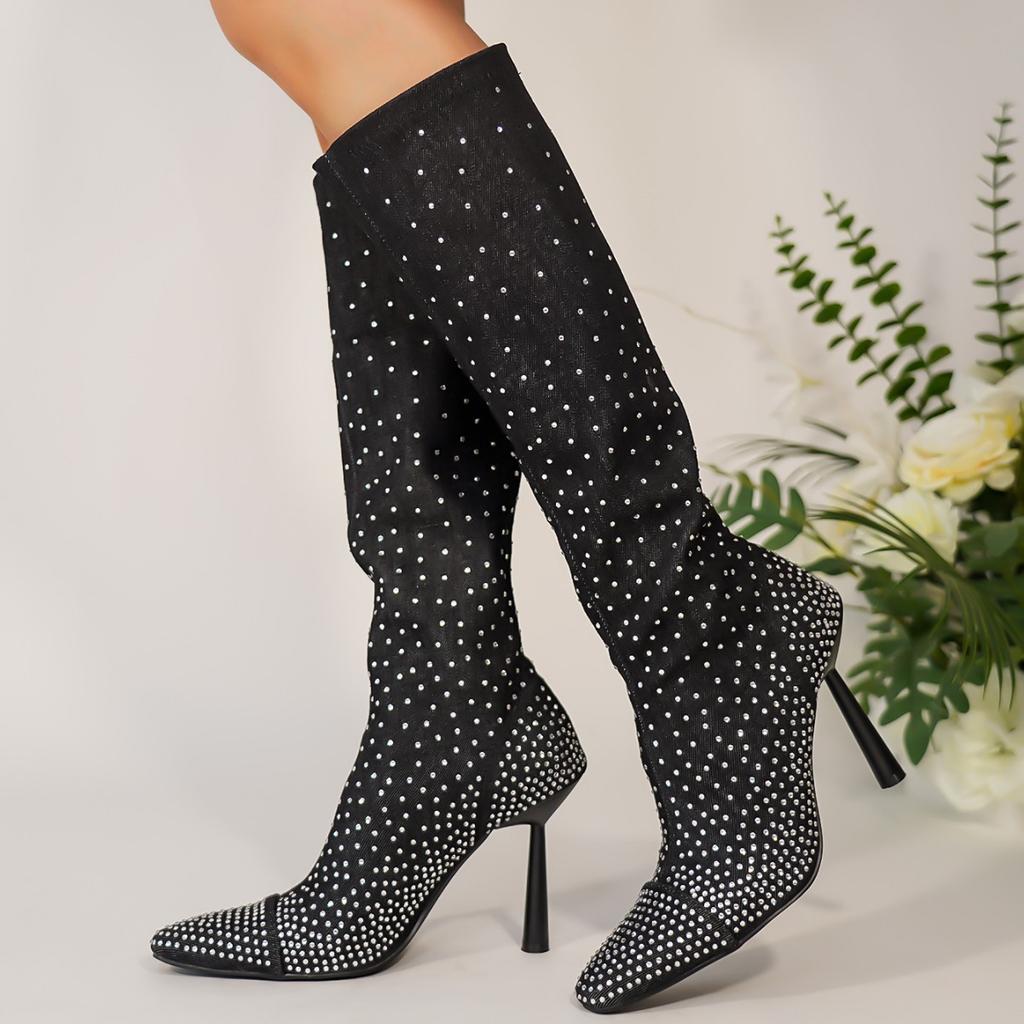 Women's Boots Thin Heel High Heel Fashion Boots Rhinestone Skinny Boots Pointed Denim Versatile High Boots Children
