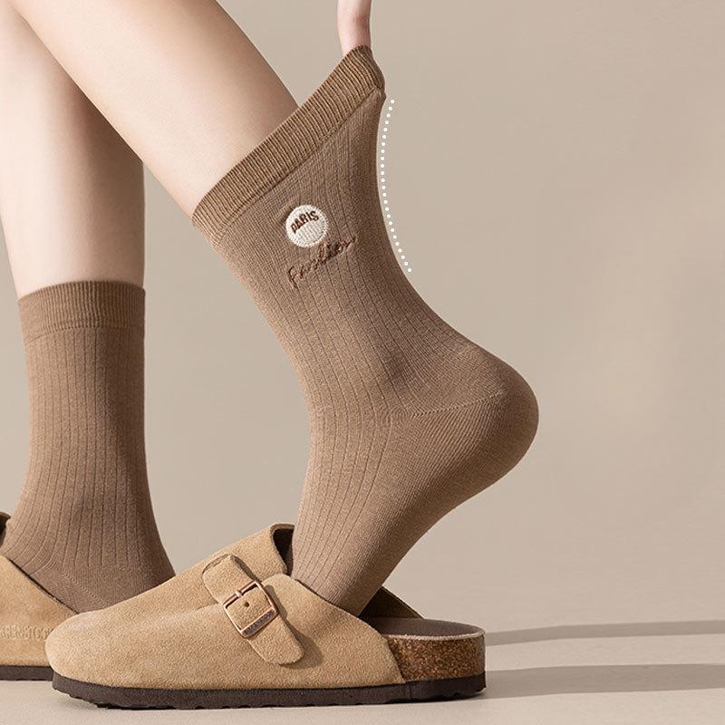 Damen Baumwollsocken, Wadenlange Socken, Nahtlose Stickerei für Herbst und Winter, Einfache und vielseitige lange Socken für Frühling und Herbst