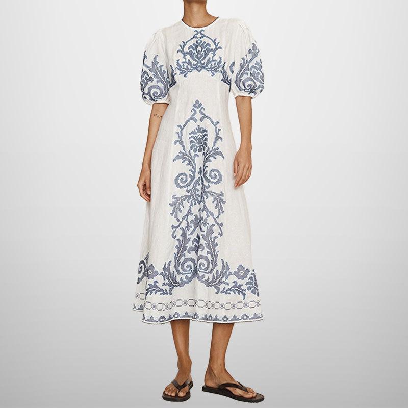 

New Elegant Printed Elegant Round Neck Puff Sleeves High Waist Slimming Midi Dress S