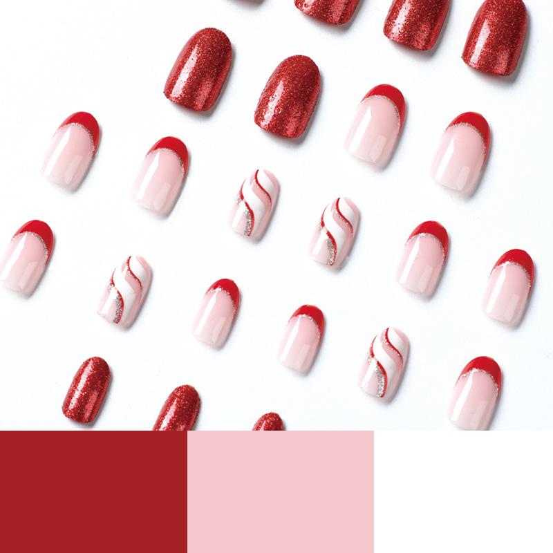 Red glitter Christmas manicure wearing silver pink white red contrasting color wavy nail wearing nail autumn and winter