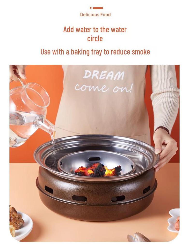 Round Stainless Steel Charcoal Grill for Home and Commercial Use - Japanese Yakiniku Style, Enclosed Design for Tea Boiling