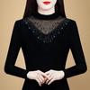 Chic Black Mesh Long-Sleeve Fleece-Lined Slim Shirt for Women