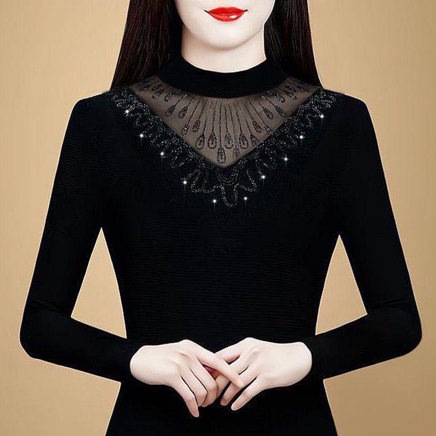 Chic Black Mesh Long-Sleeve Fleece-Lined Slim Shirt for Women