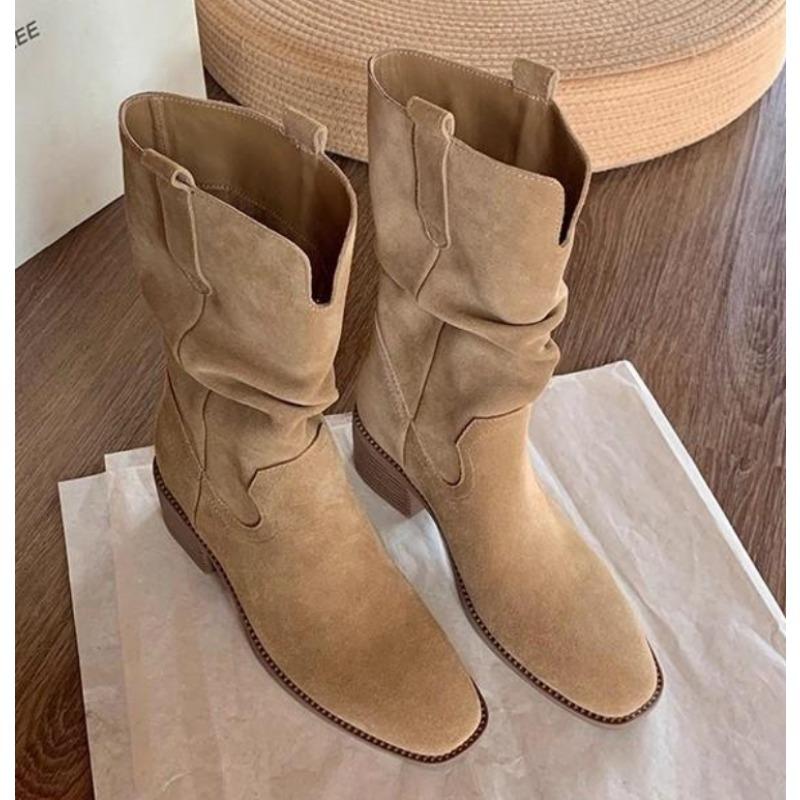 

Fashion New Western Stacked Boots Women Fashion Chunky Heeled Mid-calf Boots Women Spring Autumn Shoes Solid Retro Boots zapatos mujer 35