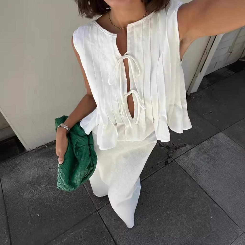 Cotton And Linen Sleeveless Tie-Strap Shirt Long Dress Set