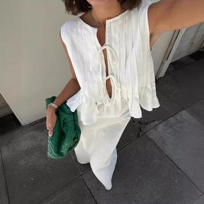 Conjunto Vestido Longo Sem Mangas de Algodão e Linho com Camisa de Alças para Amarrar