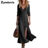 New Spring Summer Fashion Casual Cotton Linen Long Sleeve Buttoned Collar Women's Dress