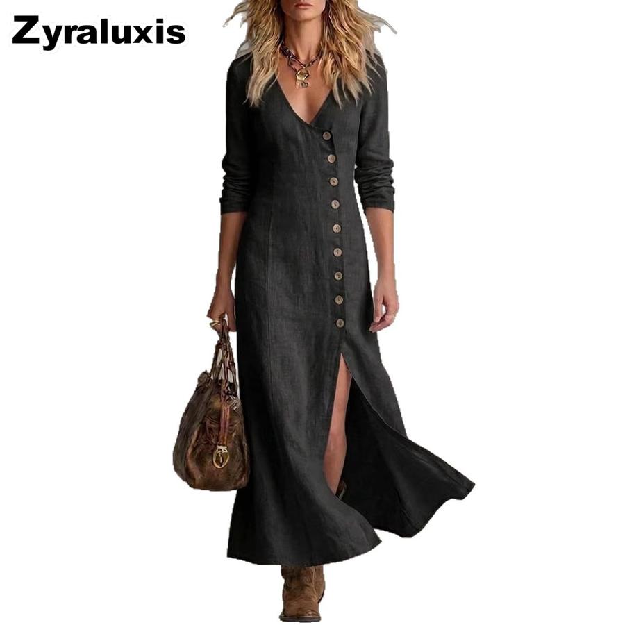 New Spring Summer Fashion Casual Cotton Linen Long Sleeve Buttoned Collar Women's Dress