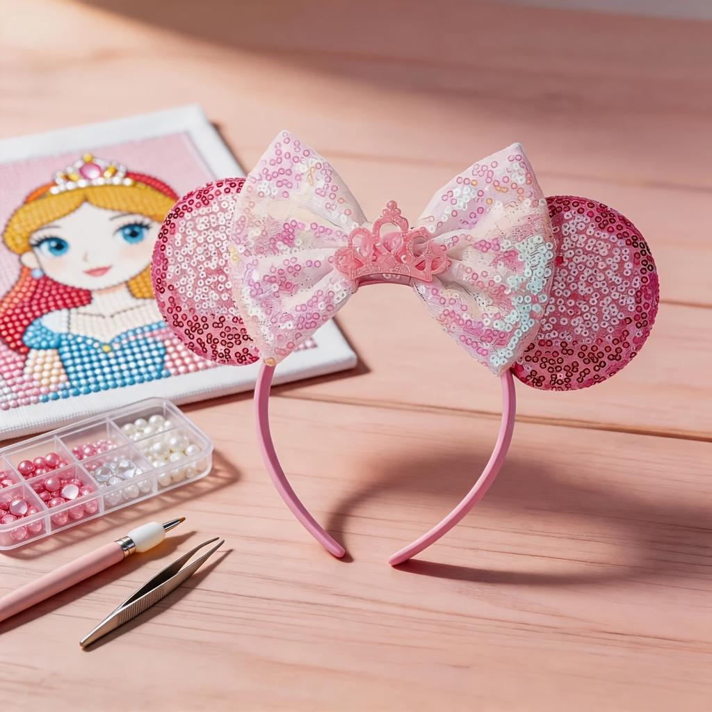 Disney Minnie Headband Shiny Sequin Bow Cute Cartoon Hair Accessory Cute Shiny Diamond Craft Crown Decoration