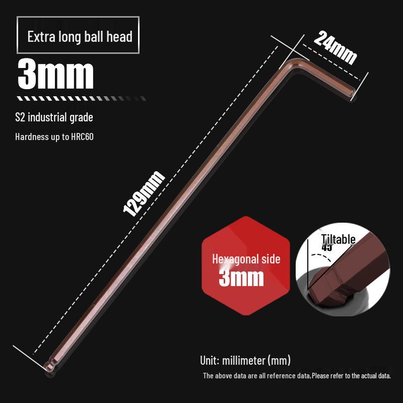 High Strength S2 Ball Head L-Type Extended Hex Key Wrench, Inner Hexagonal 6-Angle, Sizes 2.5mm & 4mm