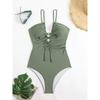 2026 Sexy Slim Strappy Swimsuit One Piece Army Green Tie String Swimwear Female Bathers Bathing Swimming Suit Padded  Beachwear