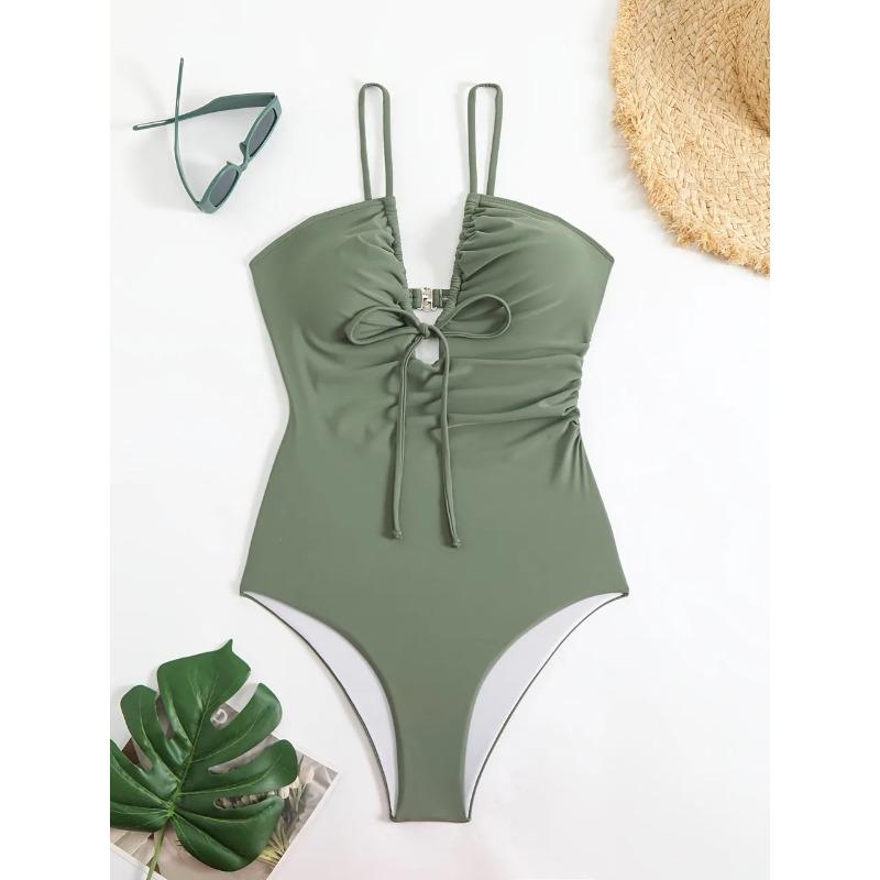 2026 Sexy Slim Strappy Swimsuit One Piece Army Green Tie String Swimwear Female Bathers Bathing Swimming Suit Padded  Beachwear