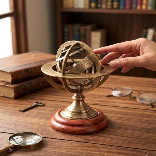 Brass Armillary Sphere Desk Decor, Astronomical Globe with Wooden Base