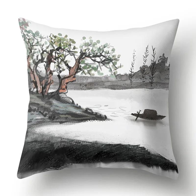 Ink Landscape Painting Pillowcase Bedroom Room Home Decoration Office Seat Living Room Sofa Cushion Cover 45x45cm