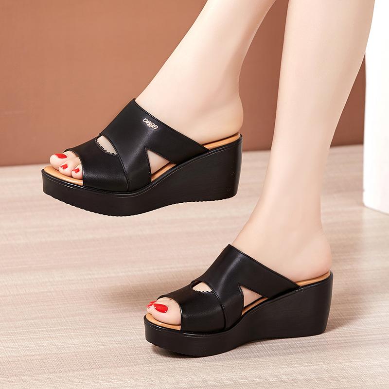 Leather Slippers Women Thick Soled Platform High Slope Heel Slippers Female Korean One-word Slippers Summer